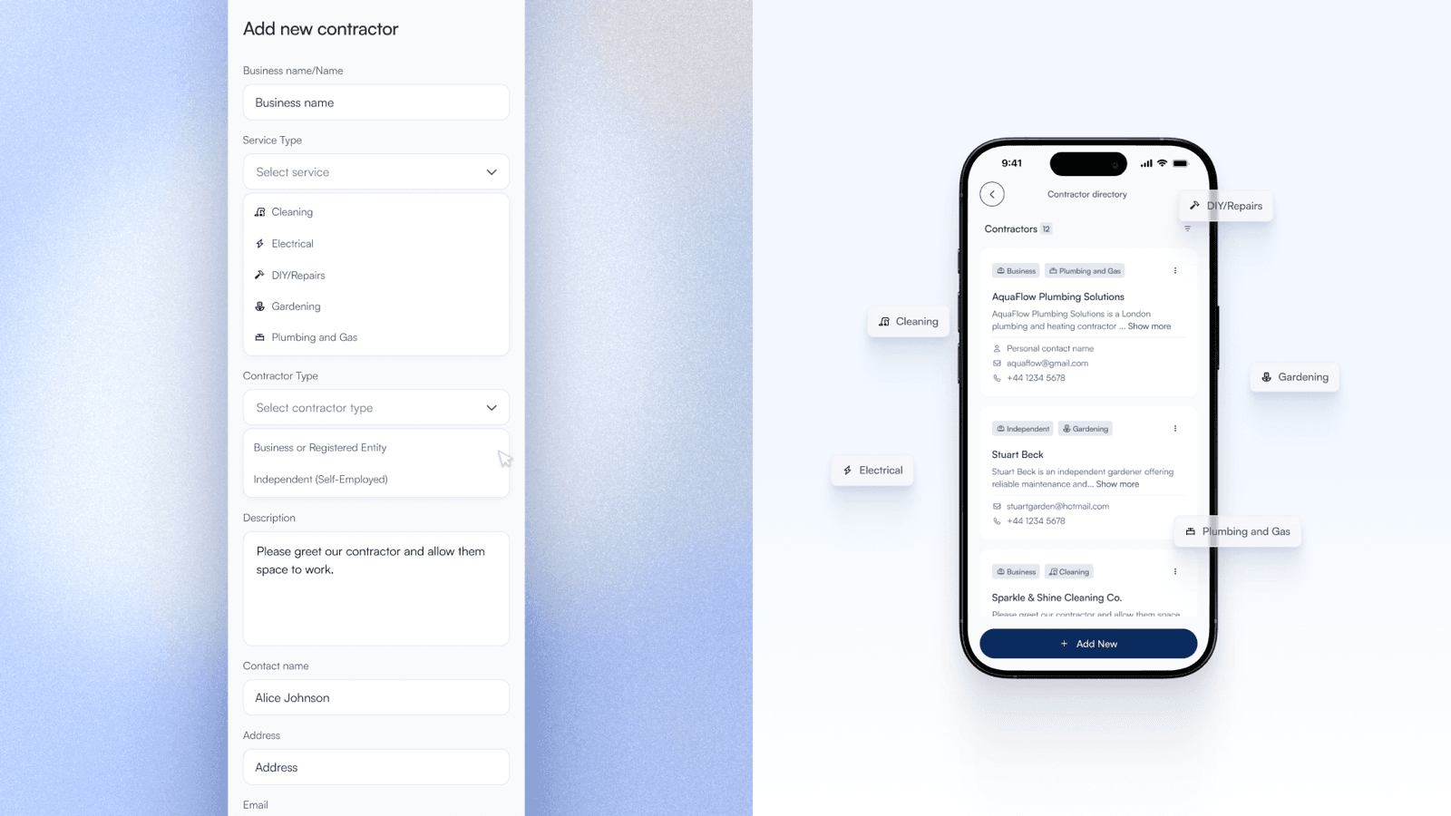 Adding a new contractor and browsing the contractor directory by service type