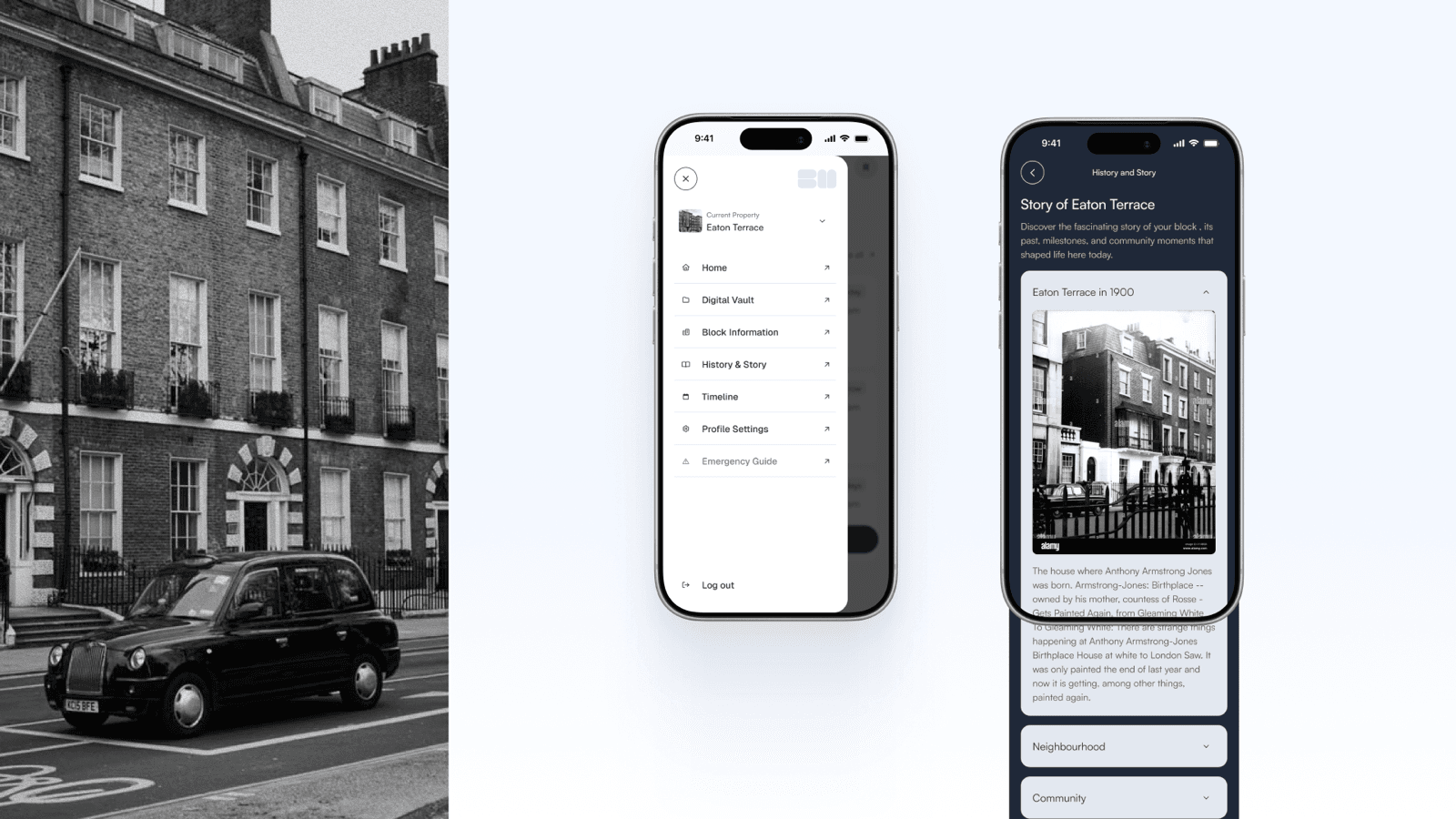 The block's History & Story — an expandable card telling the building's story, alongside the main navigation menu