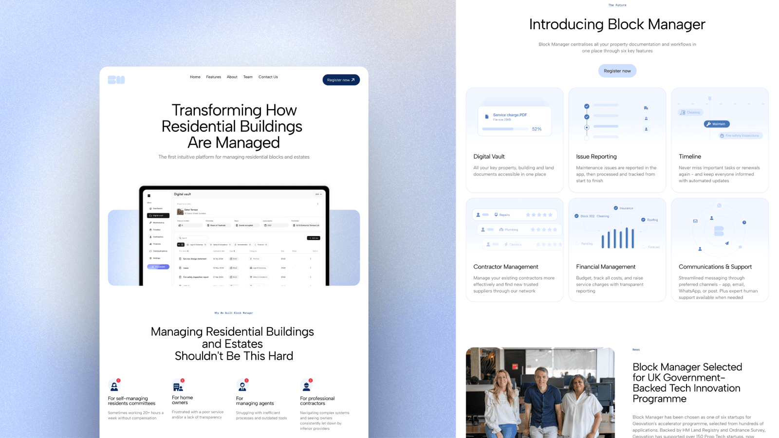 Block Manager's marketing site, introducing the platform's six core capabilities