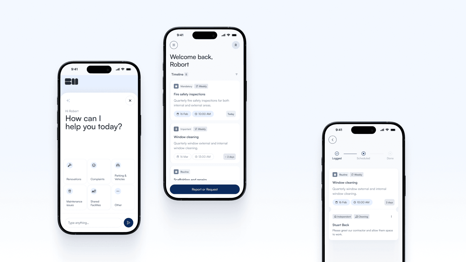 Block Manager's issue-reporting assistant, the resident Timeline home screen, and a task's Logged / Scheduled / Done status pipeline