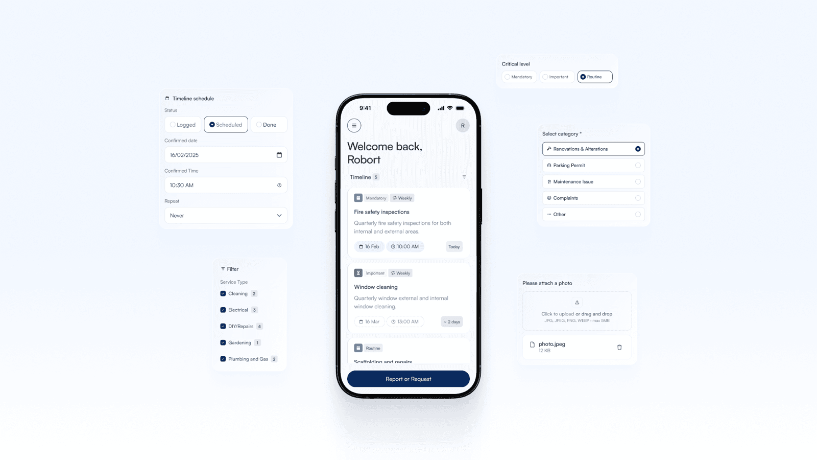 Scheduling a Timeline task, setting its critical level, category and filtering by service type