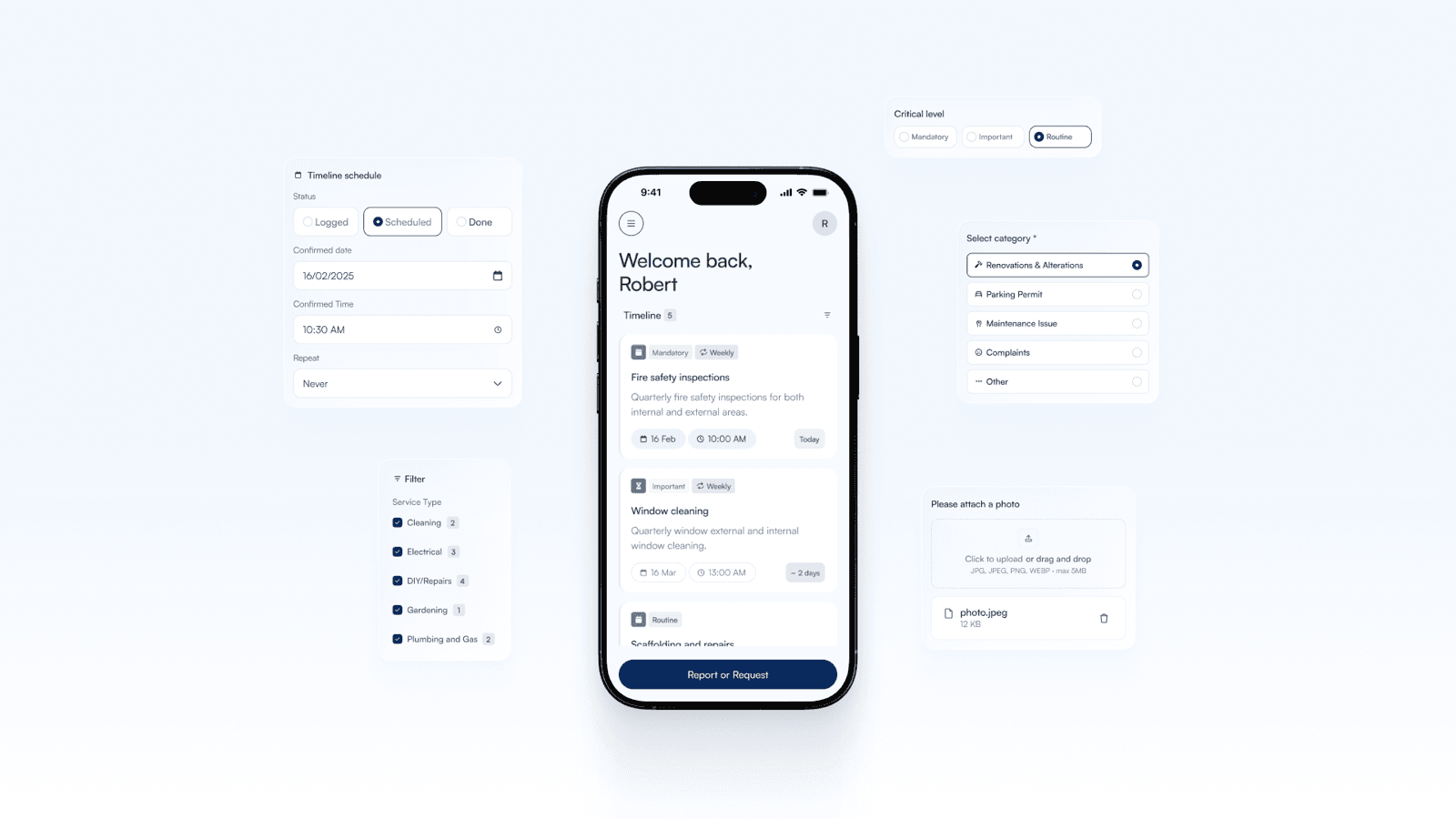 Scheduling a Timeline task, setting its critical level, category and filtering by service type