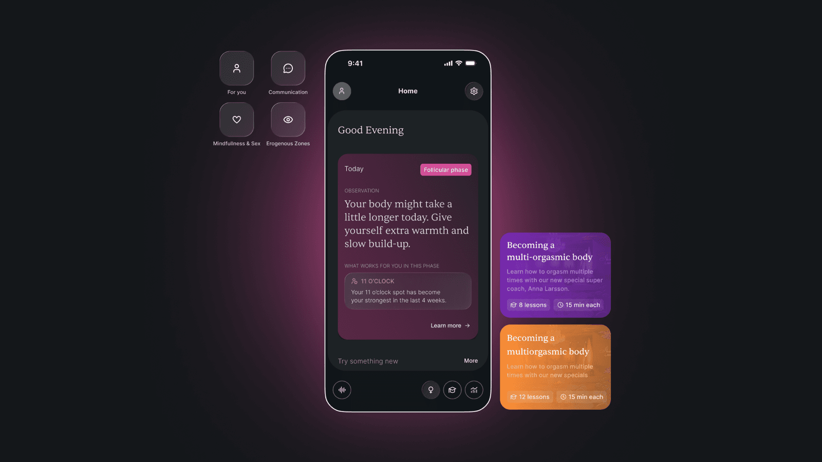 The home dashboard, surfacing cycle-aware insights and guided courses
