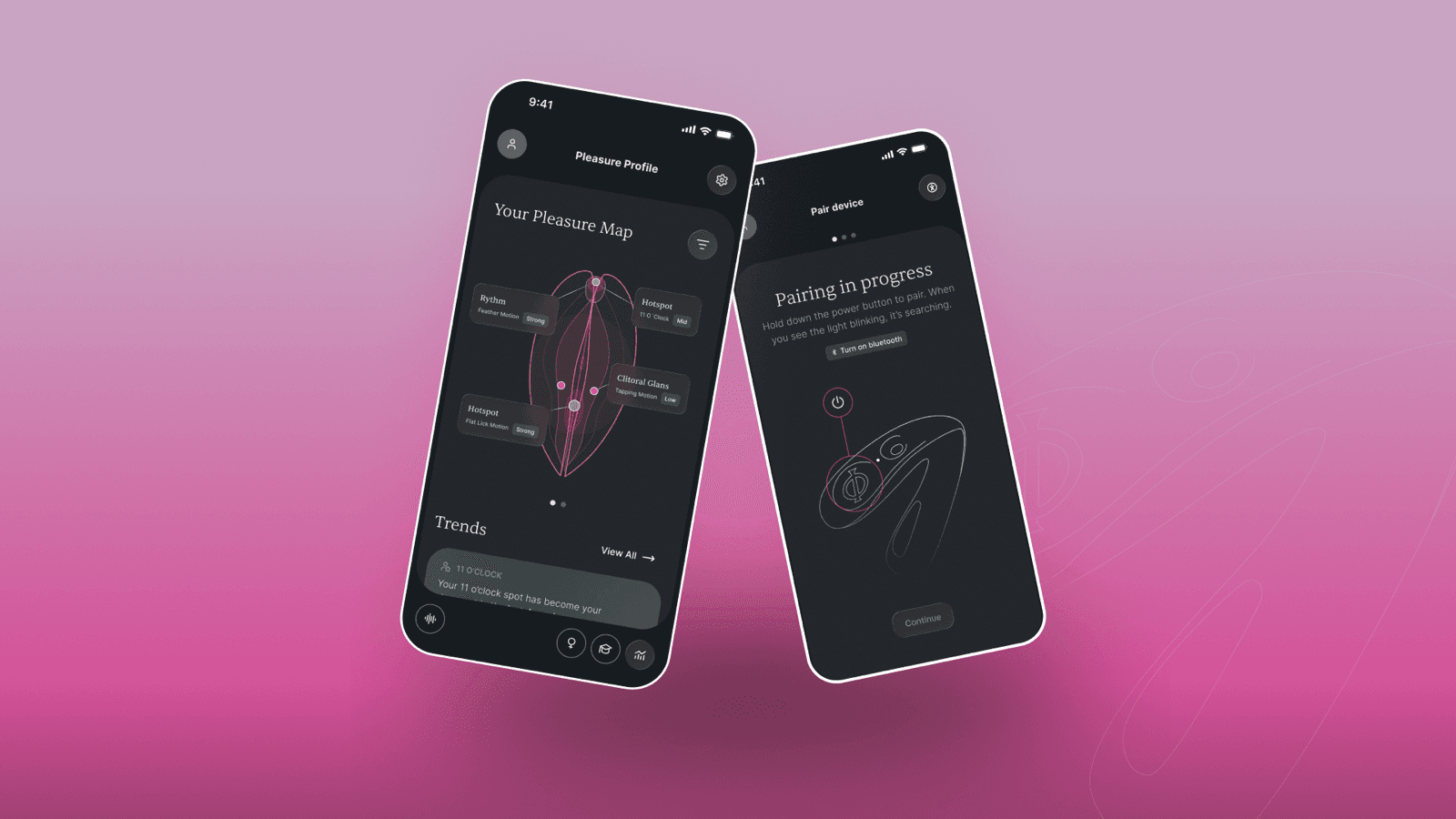 The personalised Pleasure Map and Bluetooth device pairing screen