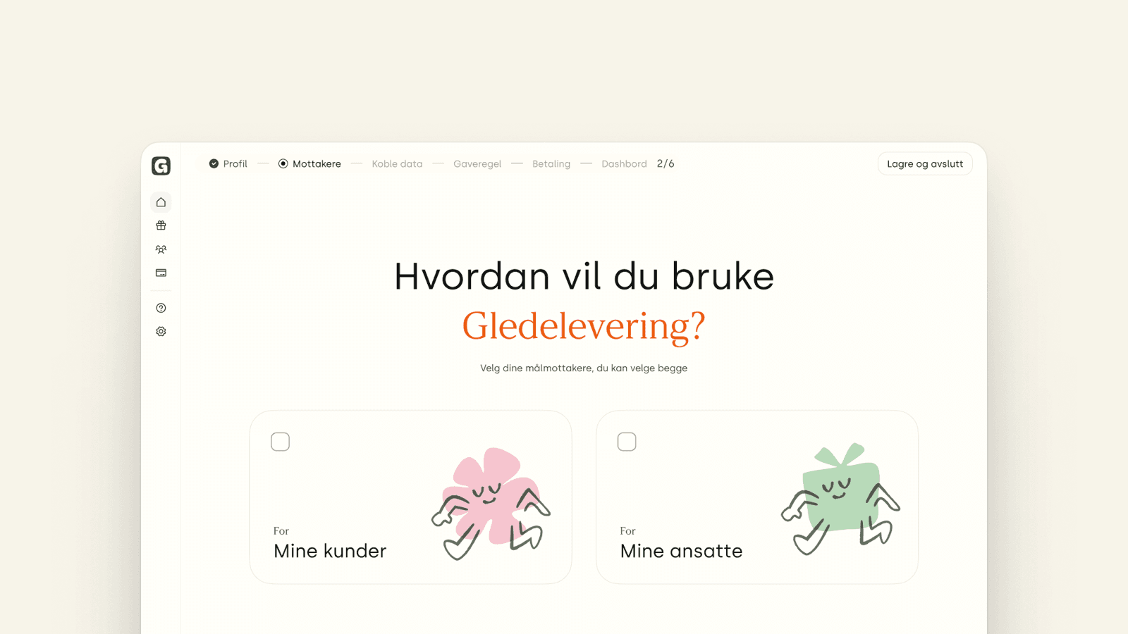 Gledelevering's onboarding wizard, choosing whether gifts go to employees, customers, or both