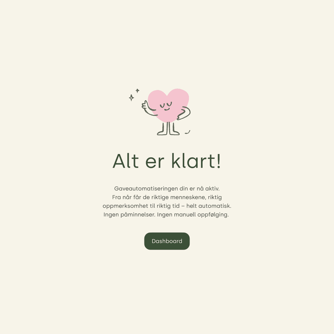 A warm "all set" completion screen confirming the gift automation is now active