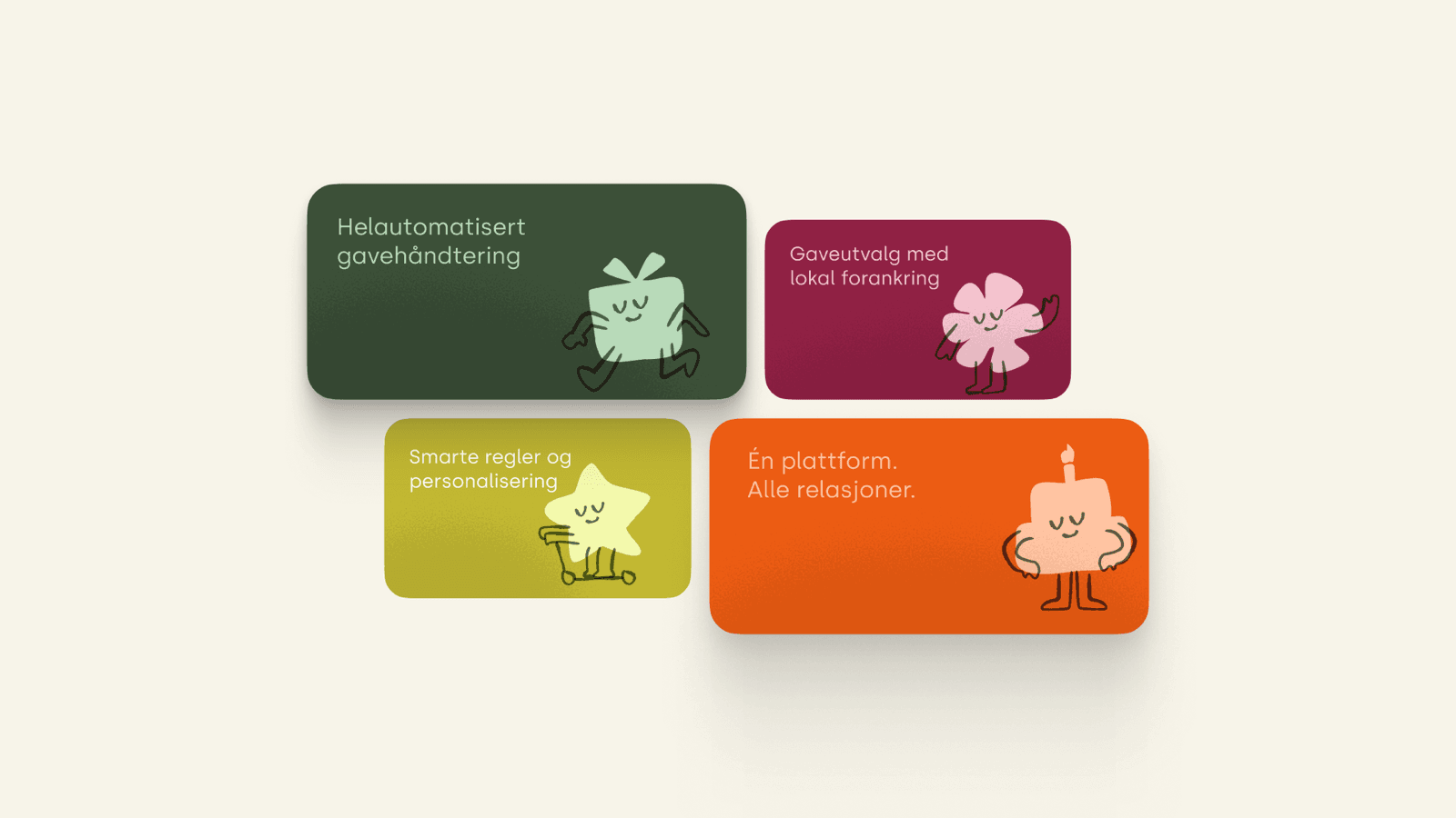 Gledelevering's warm, illustrated value propositions, shown consistently across onboarding and the dashboard