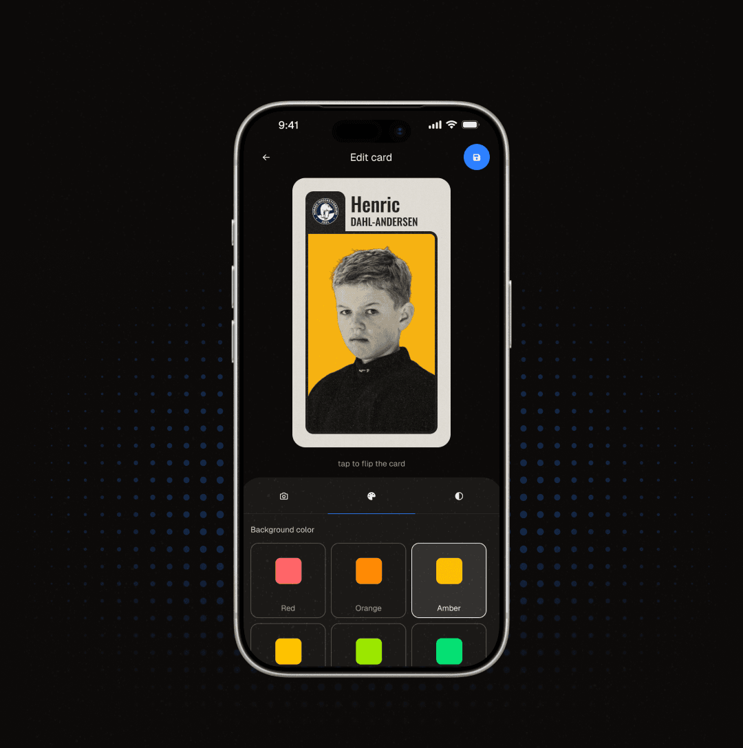Editing a player's Digital Player Card — photo, background colour and layout, all customisable
