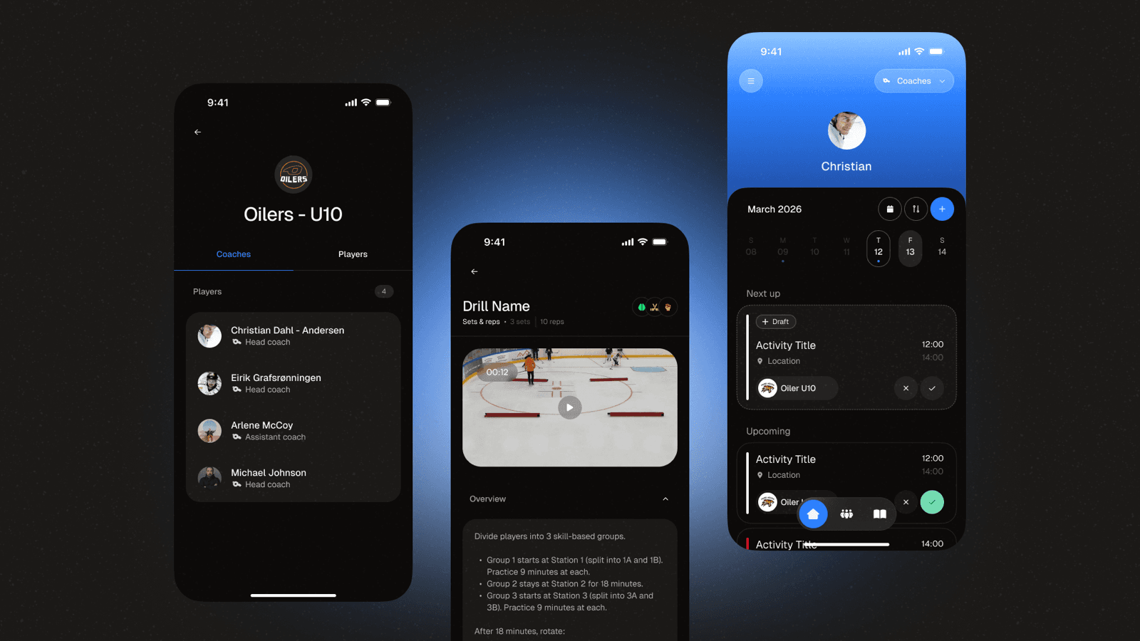 goalGetr's club dashboard, showing team roster, coach-authored drill video, and the shared session calendar