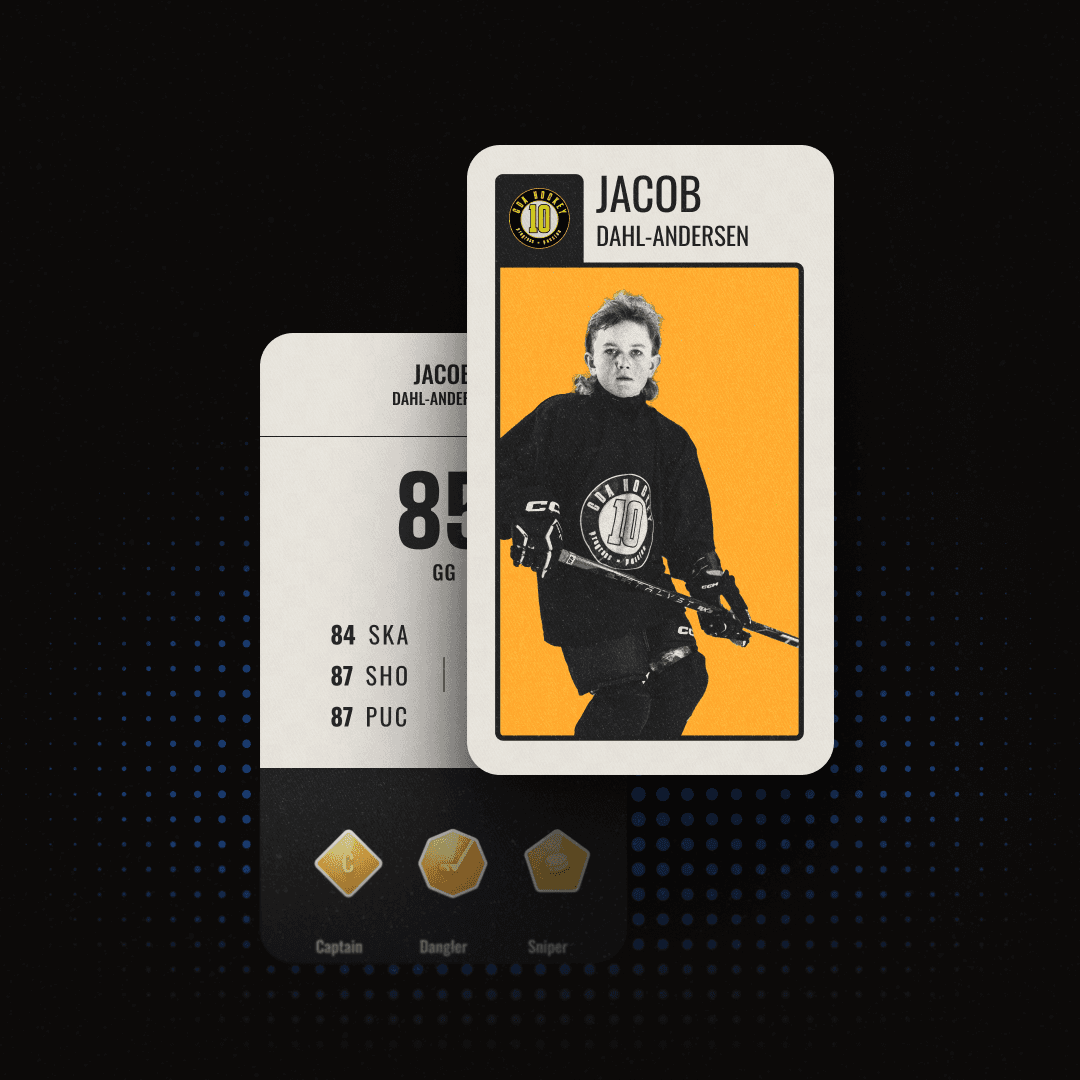 A player card's front and back, showing gamified stats and earned badges like Captain, Dangler and Sniper