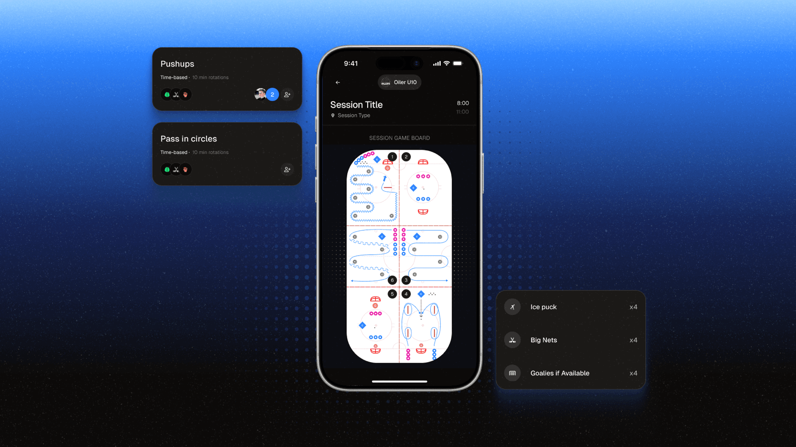 goalGetr's session game board, letting coaches build full-ice practice plans station by station with an equipment checklist