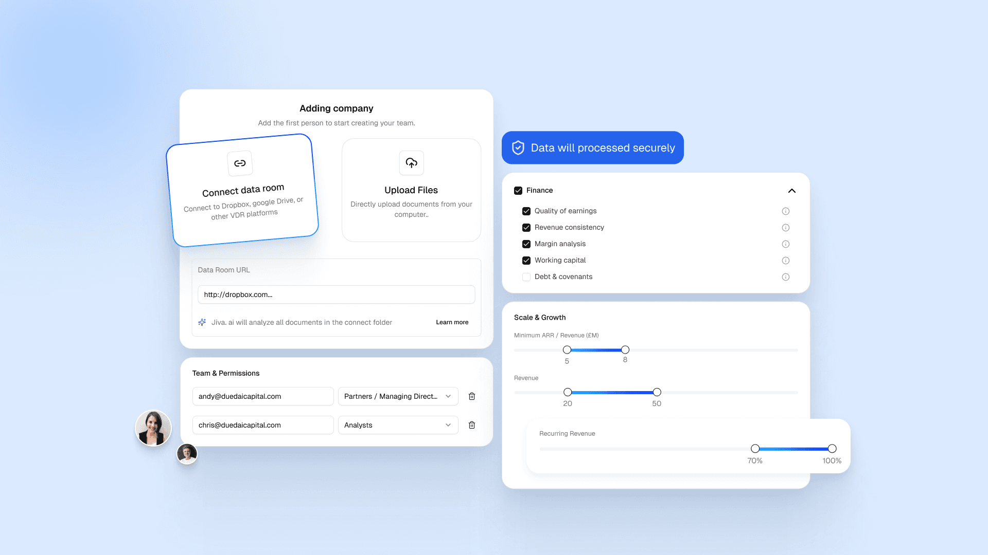 PEVio's guided fund setup flow, connecting a data room and defining due diligence criteria