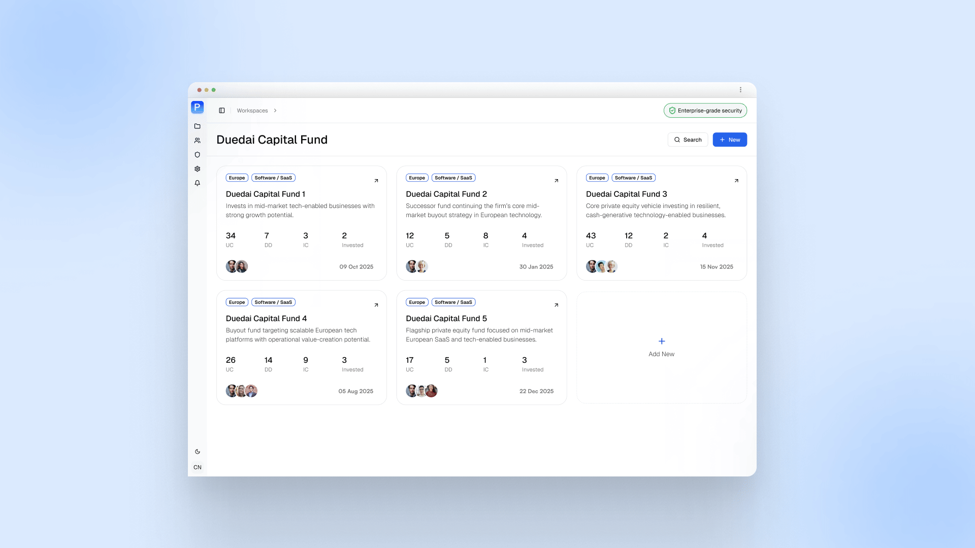 PEVio's fund-level pipeline dashboard, tracking companies by stage from Under Consideration through to Invested