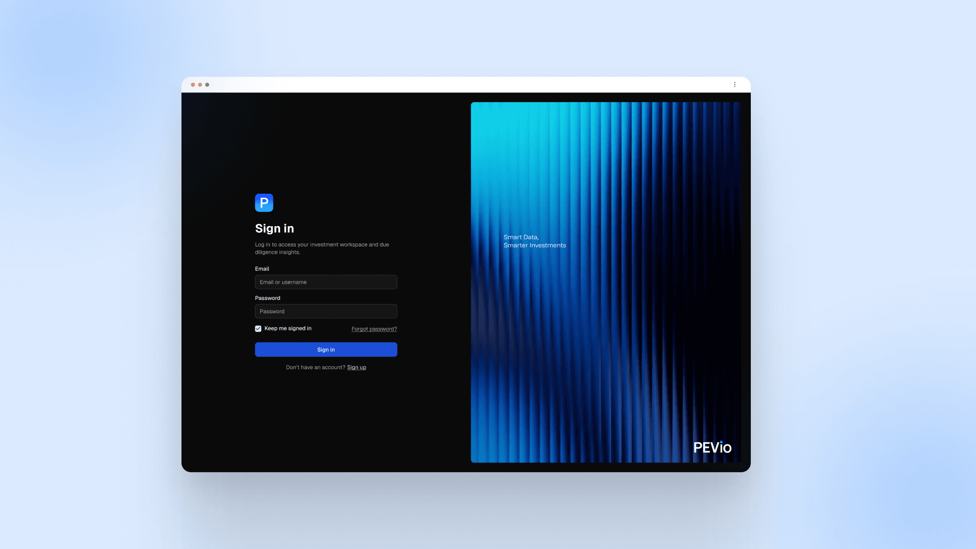PEVio's sign-in screen