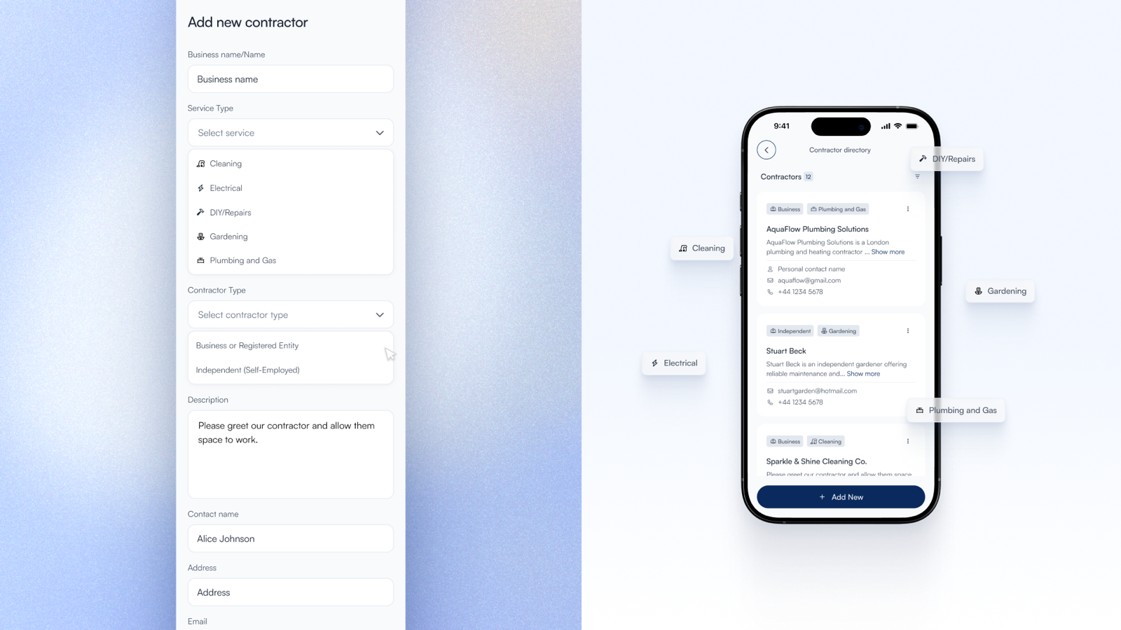Adding a new contractor and browsing the contractor directory by service type