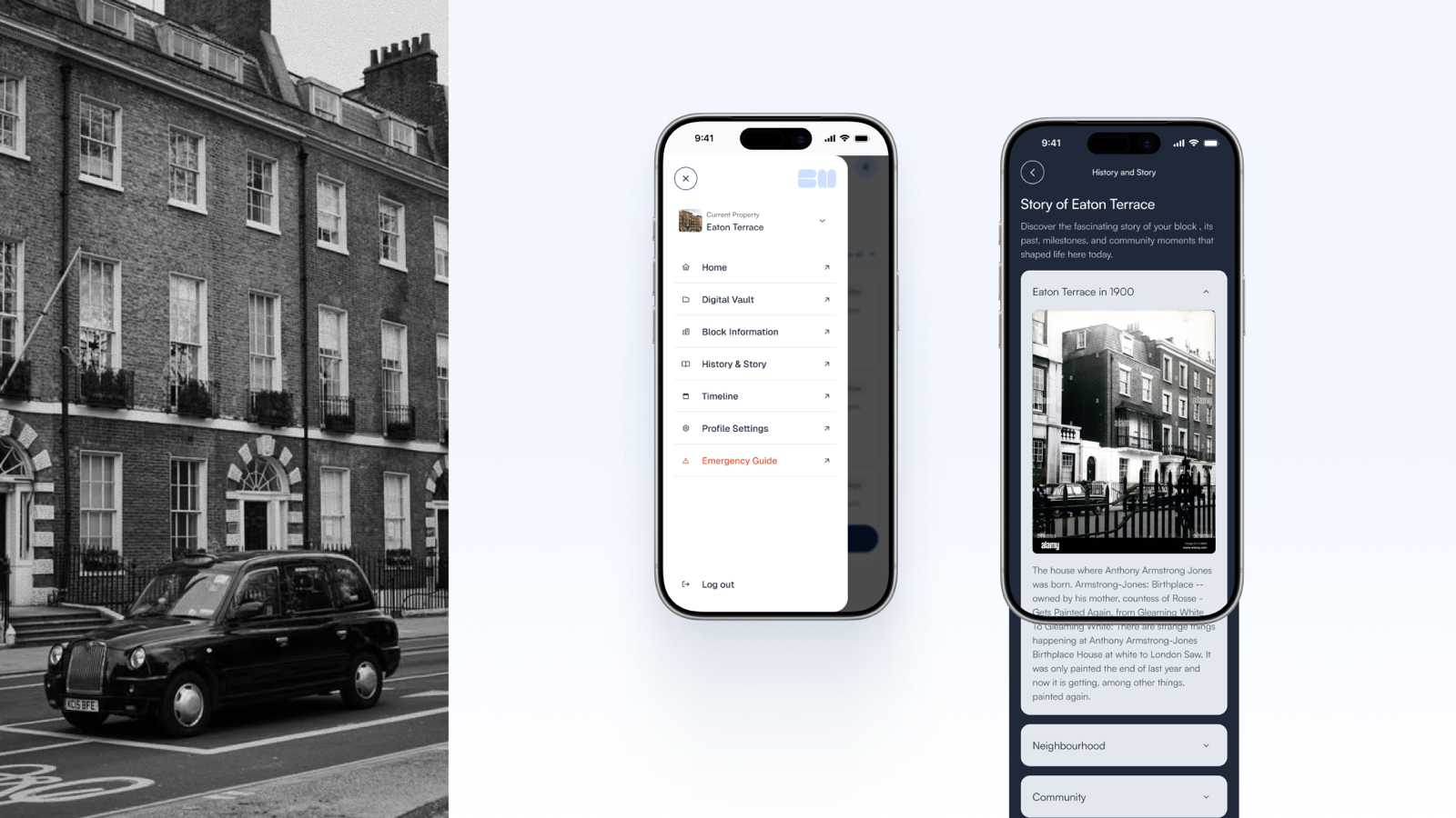 The block's History & Story — an expandable card telling the building's story, alongside the main navigation menu