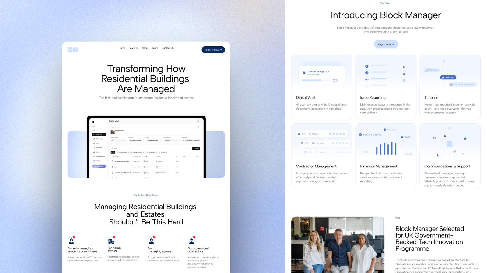 Block Manager's marketing site, introducing the platform's six core capabilities