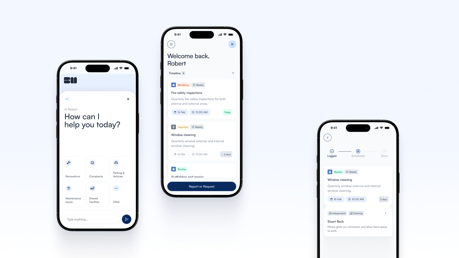 Block Manager's issue-reporting assistant, the resident Timeline home screen, and a task's Logged / Scheduled / Done status pipeline