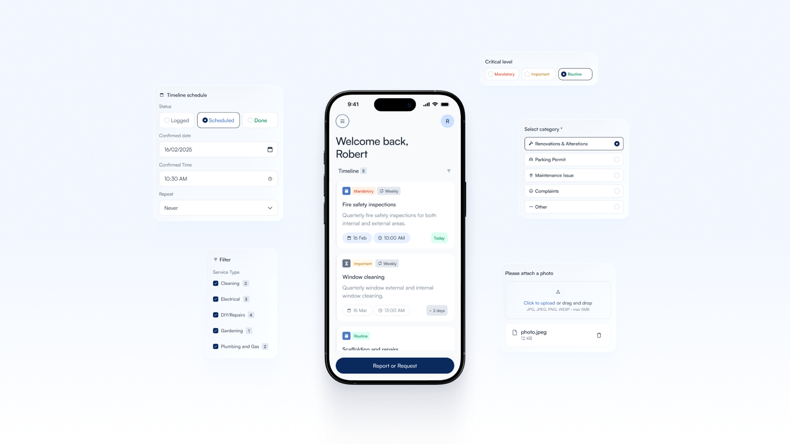 Scheduling a Timeline task, setting its critical level, category and filtering by service type