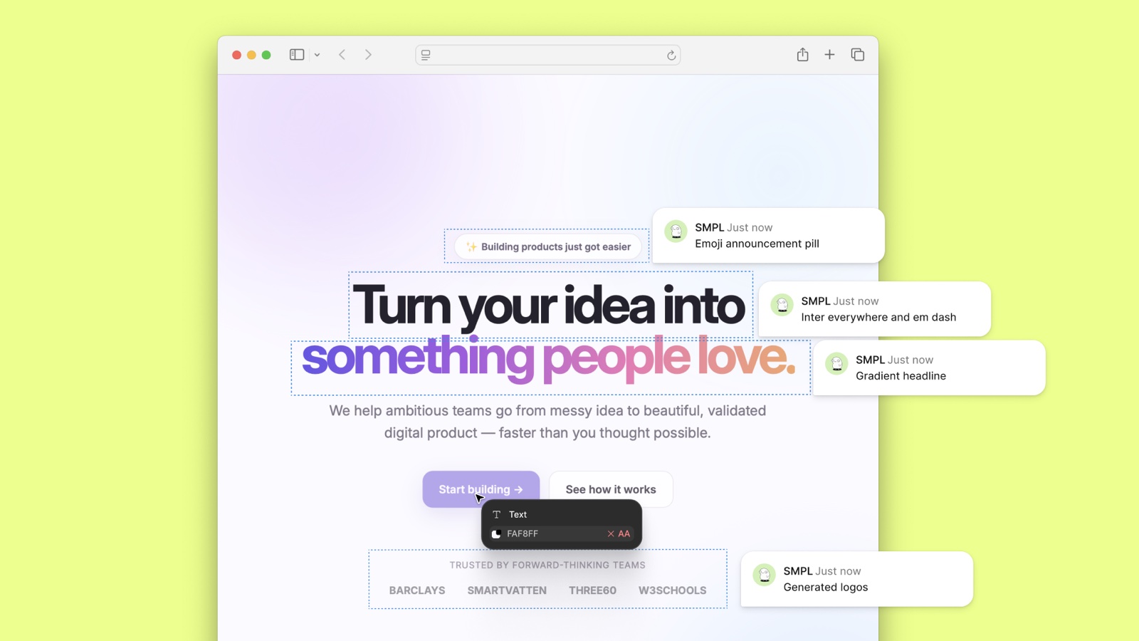An AI-generated landing page with a gradient headline, an emoji announcement pill, Inter everywhere and generated client logos