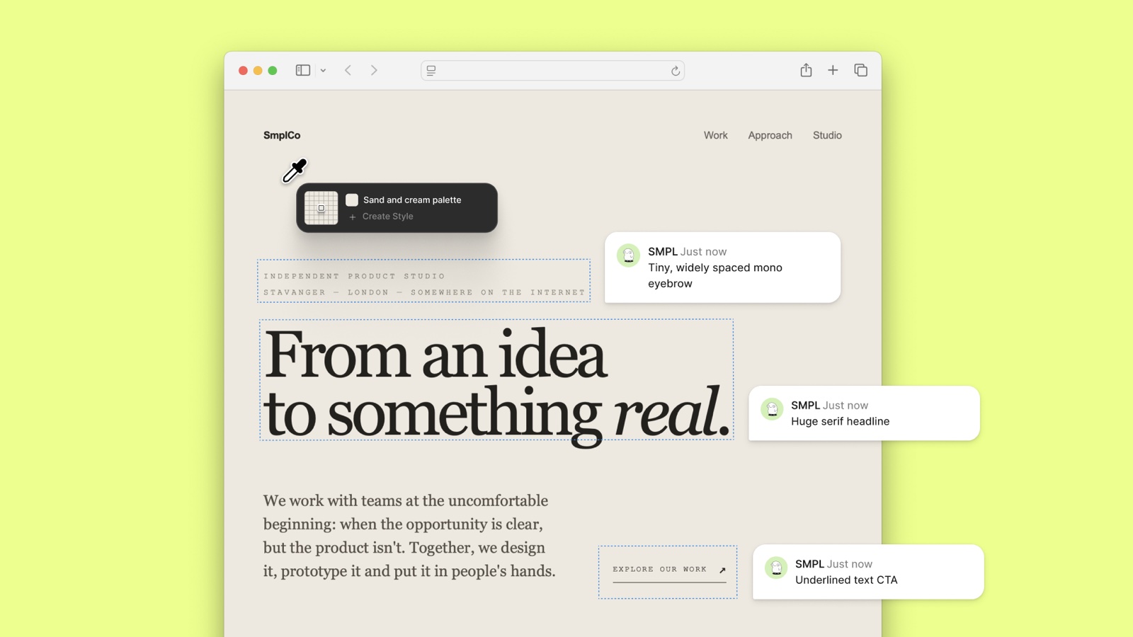 The SmplCo homepage being annotated into a design system: sand and cream palette, mono eyebrow, serif headline, underlined text CTA