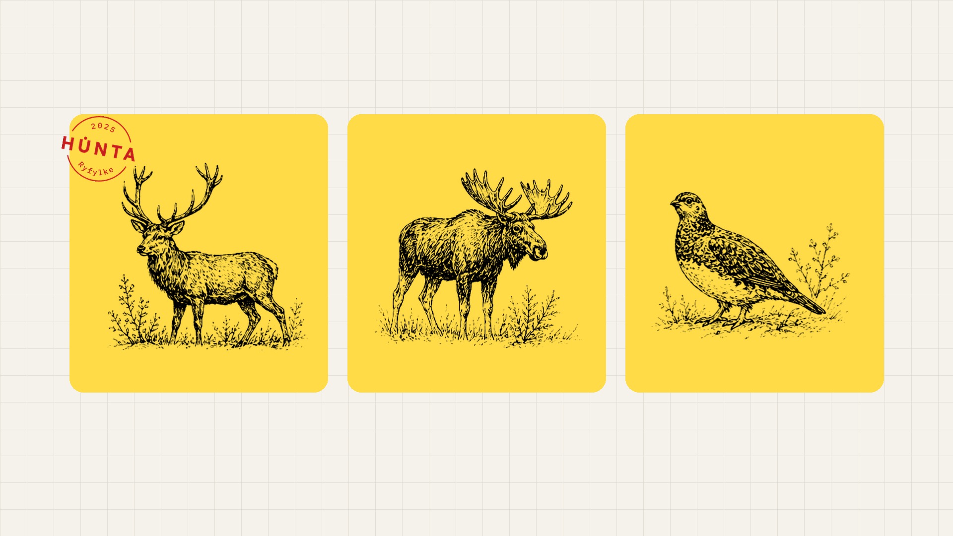 Three field-guide species cards on blaze yellow: a red deer, a moose and a grouse, drawn in etched ink.