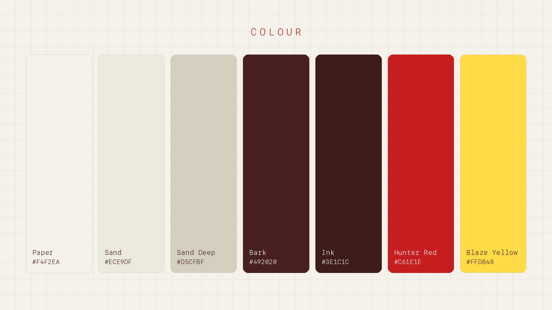 HUNTA colour palette as labelled swatches with hex codes: Paper, Sand, Sand Deep, Bark, Ink, Hunter Red and Blaze Yellow.