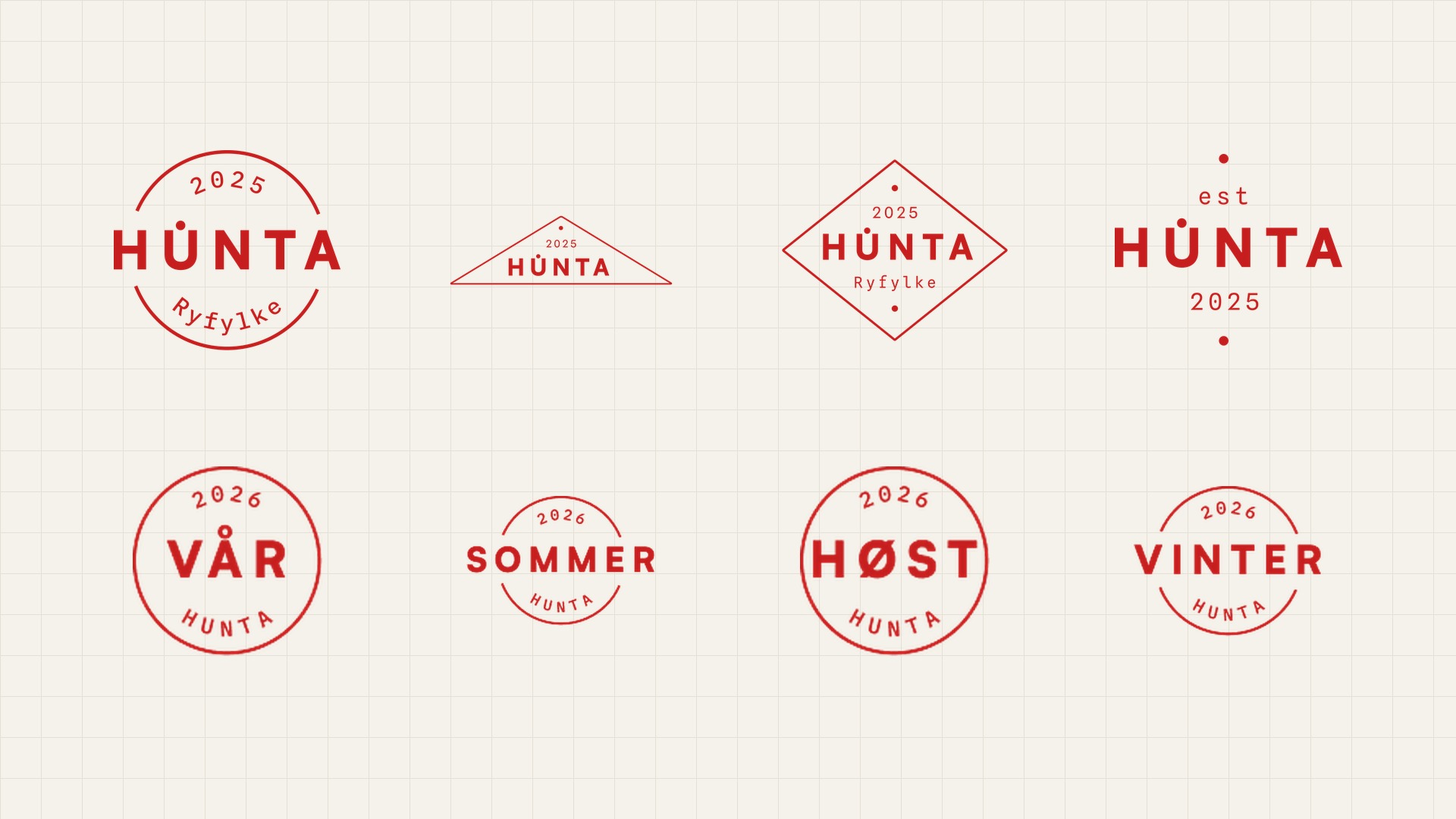 HÚNTA stamp system: circular, triangular and diamond lockups, plus VÅR, SOMMER, HØST and VINTER season seals.