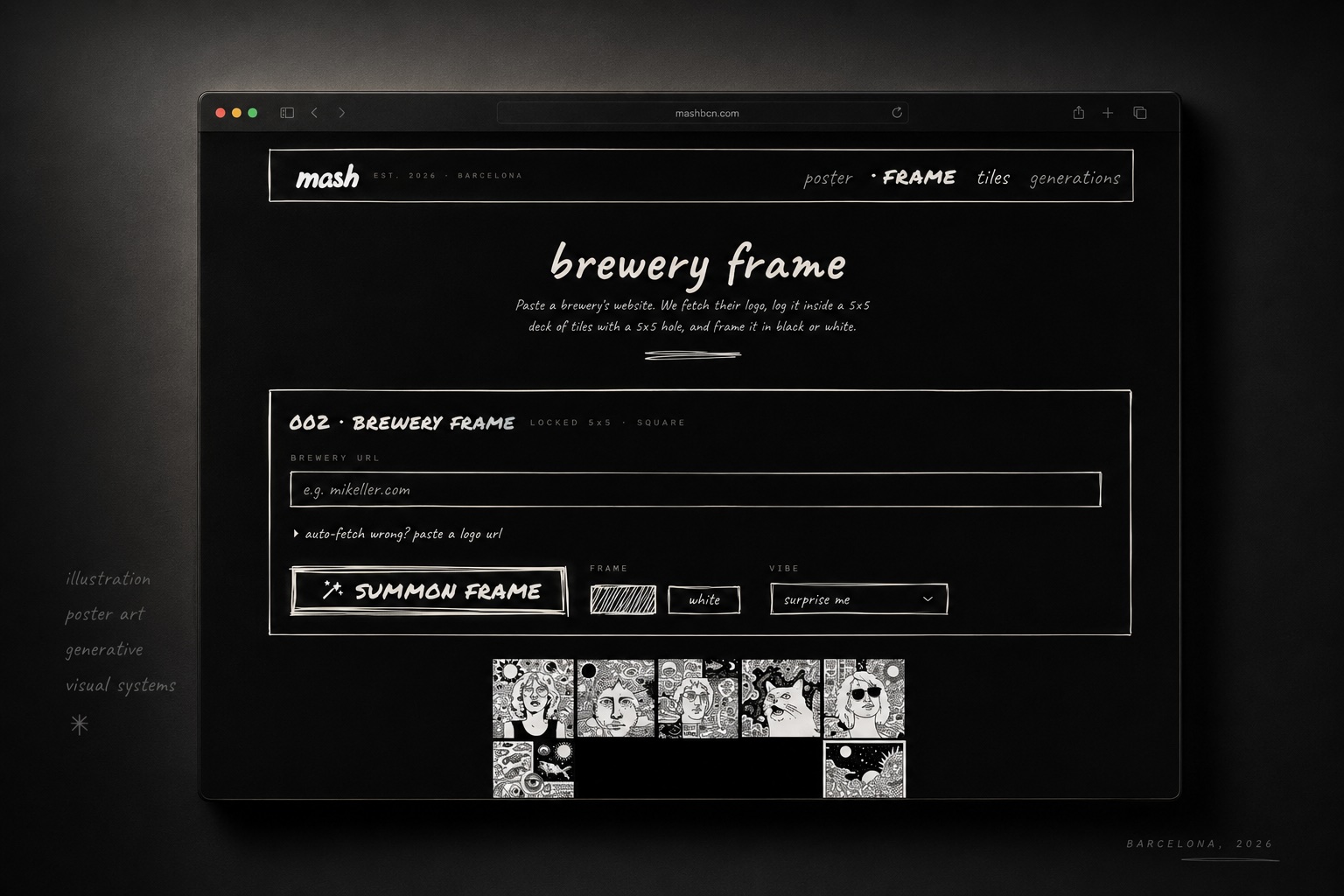 The brewery frame screen, with a URL input that auto-fetches the brewery's logo and lays it inside a 5x5 deck of tiles.
