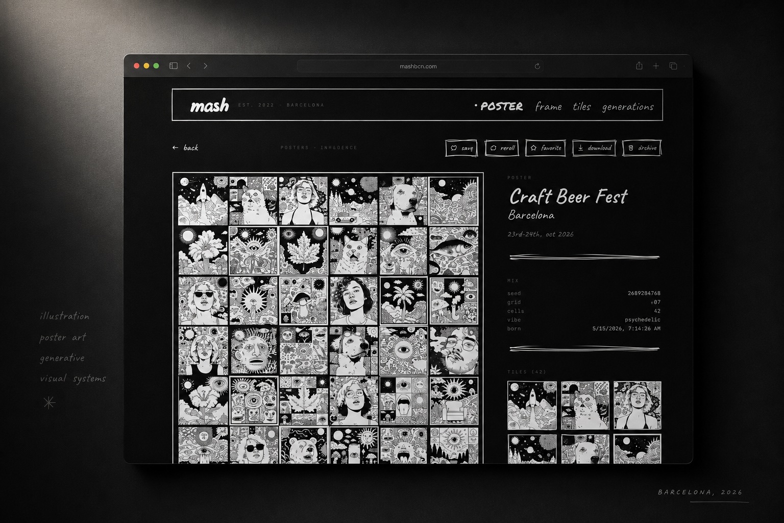 The poster screen, generating a Mash festival poster from a vibe and a 5x6 grid of tiles.