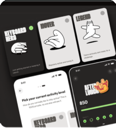 A gamified habit-tracking app interface with playful card illustrations