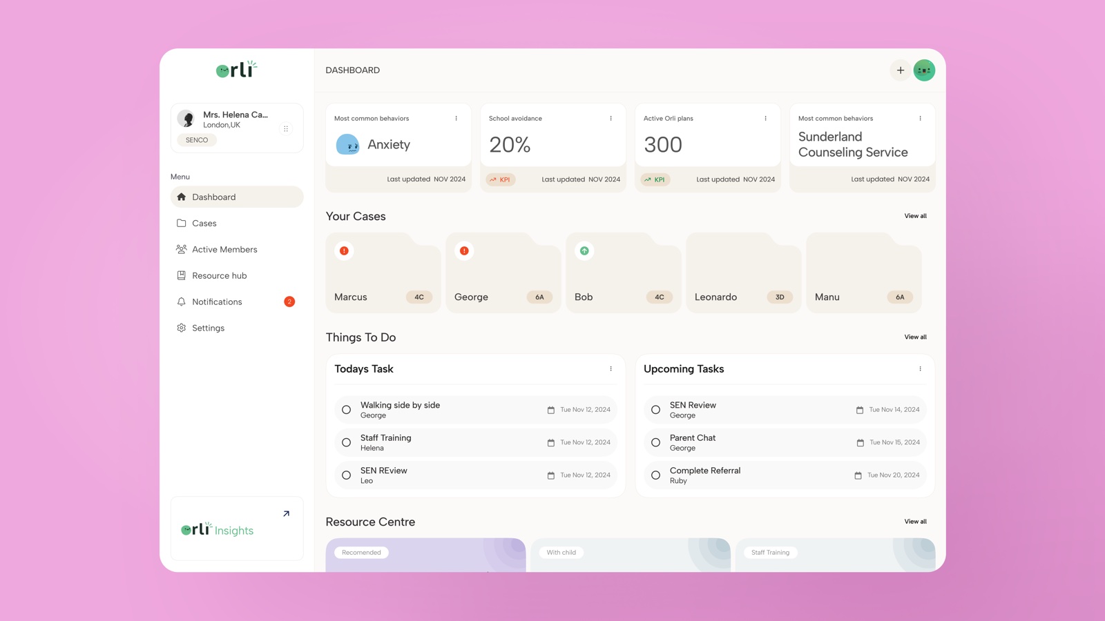 Orli's dashboard for school wellbeing staff, with its own warm palette, type and components