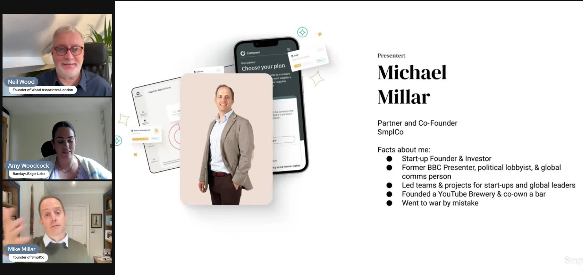 Michael Millar presenting at the Barclays Eagle Labs fundraising webinar with Neil Wood and Amy Woodcock