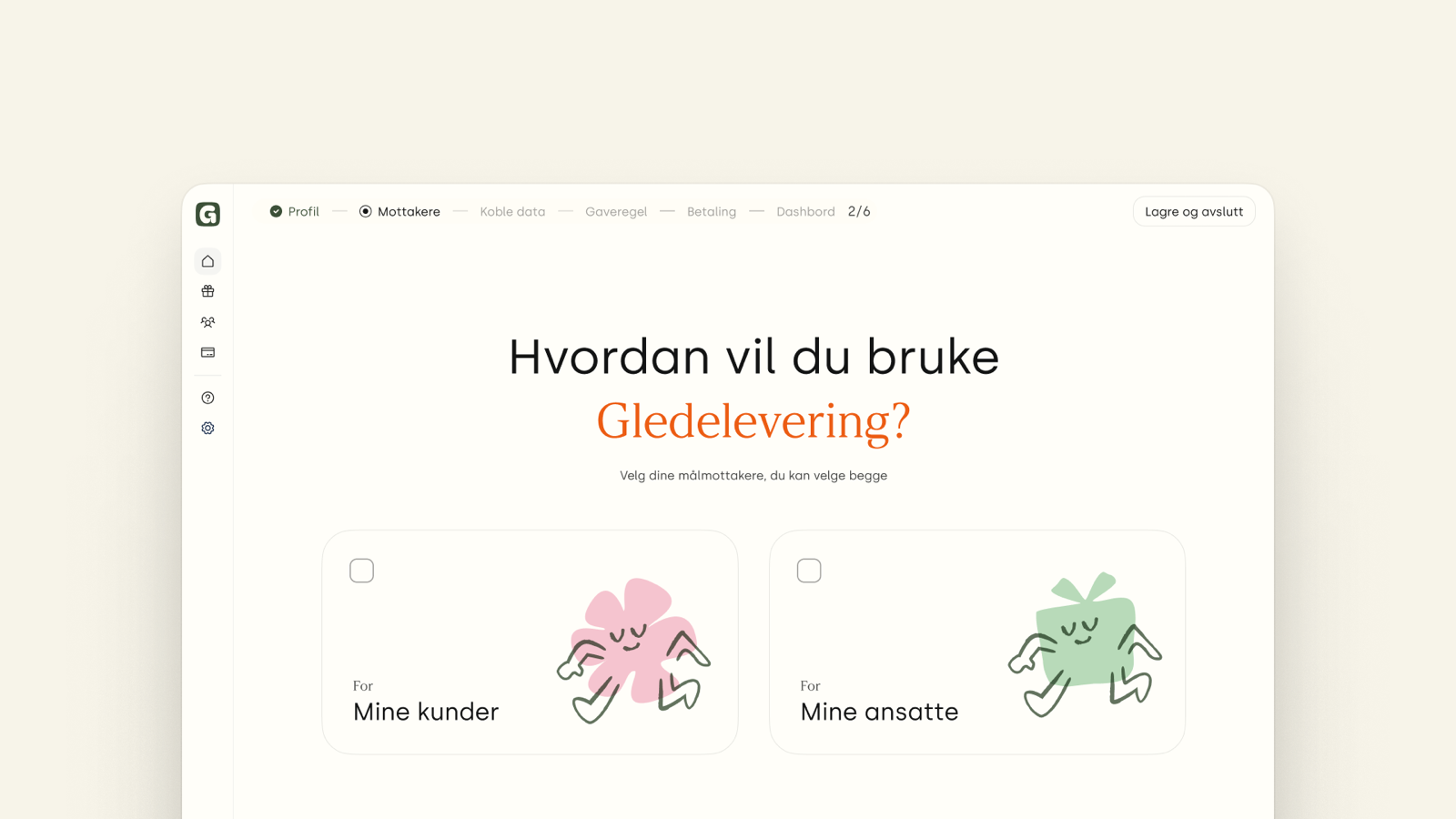 Gledelevering's onboarding wizard, choosing whether gifts go to employees, customers, or both