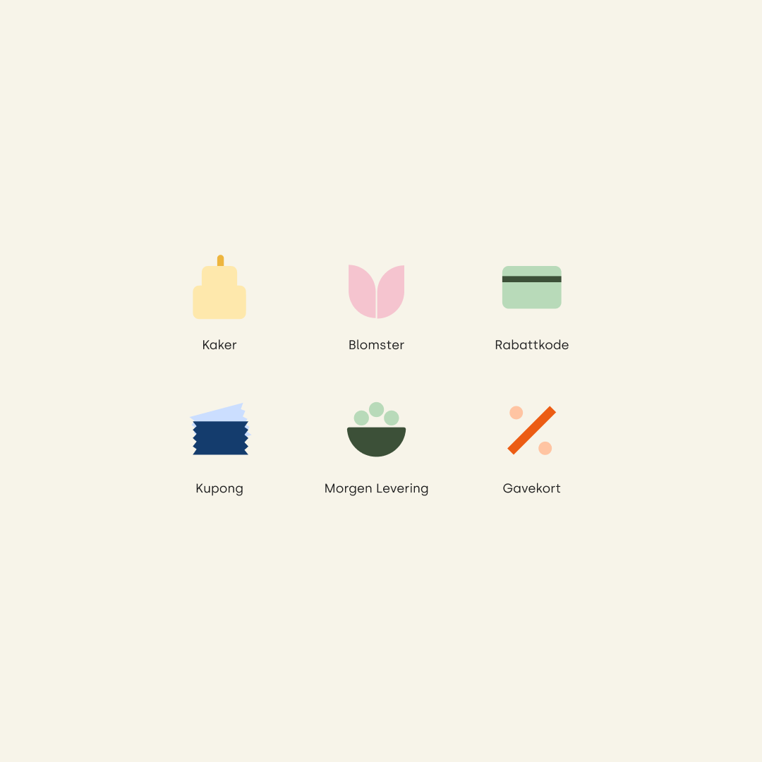 Gledelevering's gift-type icon set: cakes, flowers, discount codes, coupons, breakfast delivery and gift cards