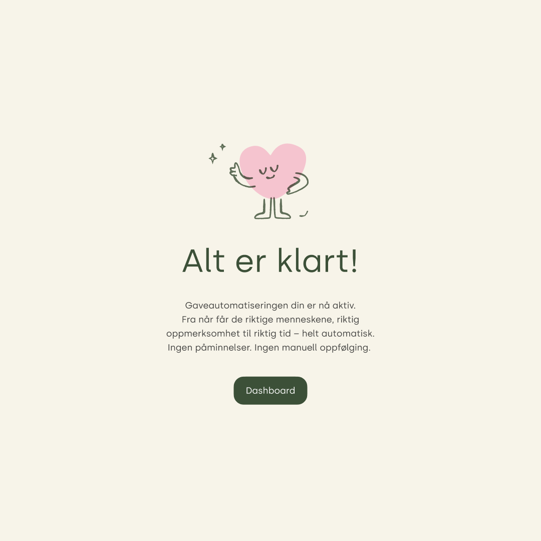 A warm "all set" completion screen confirming the gift automation is now active