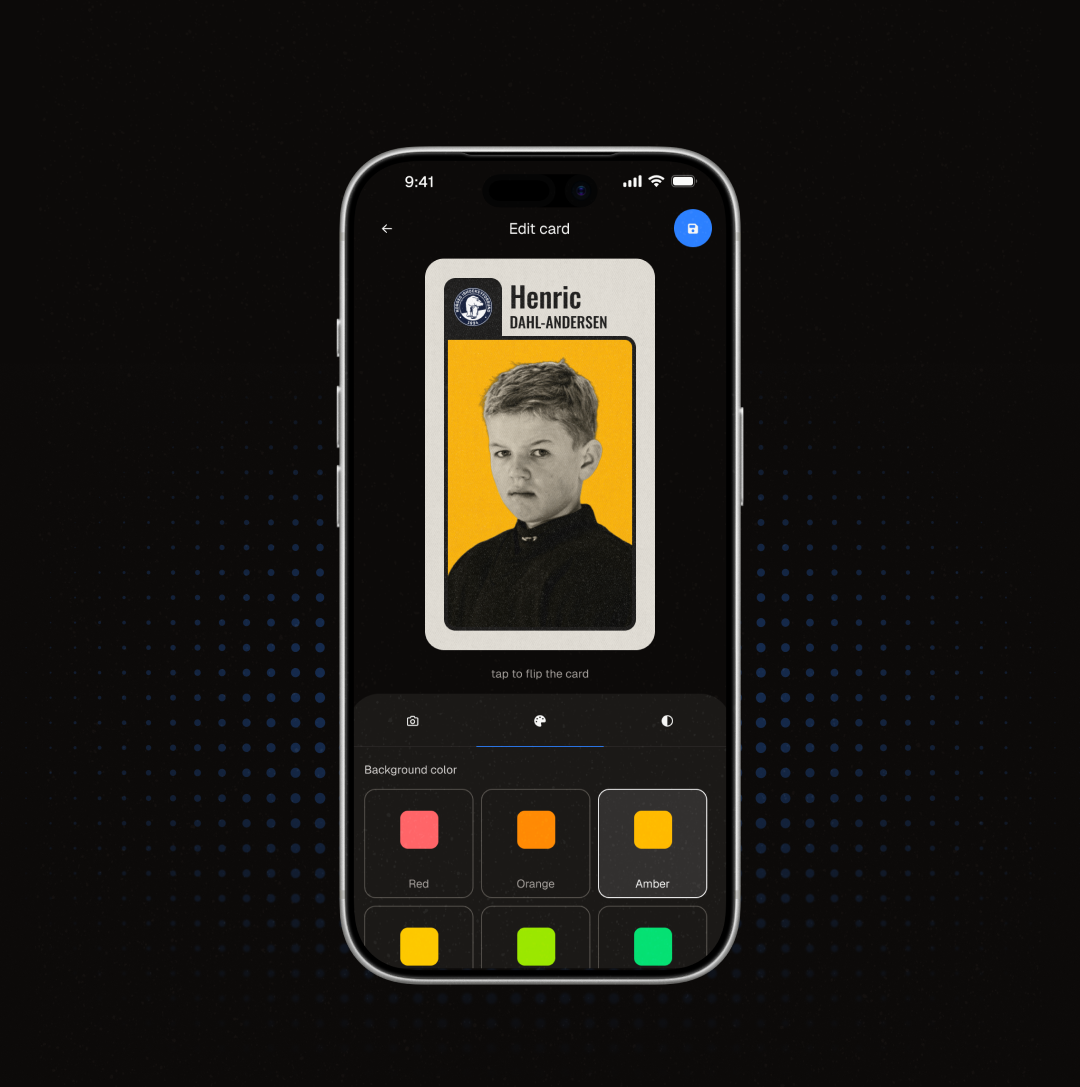 Editing a player's Digital Player Card — photo, background colour and layout, all customisable