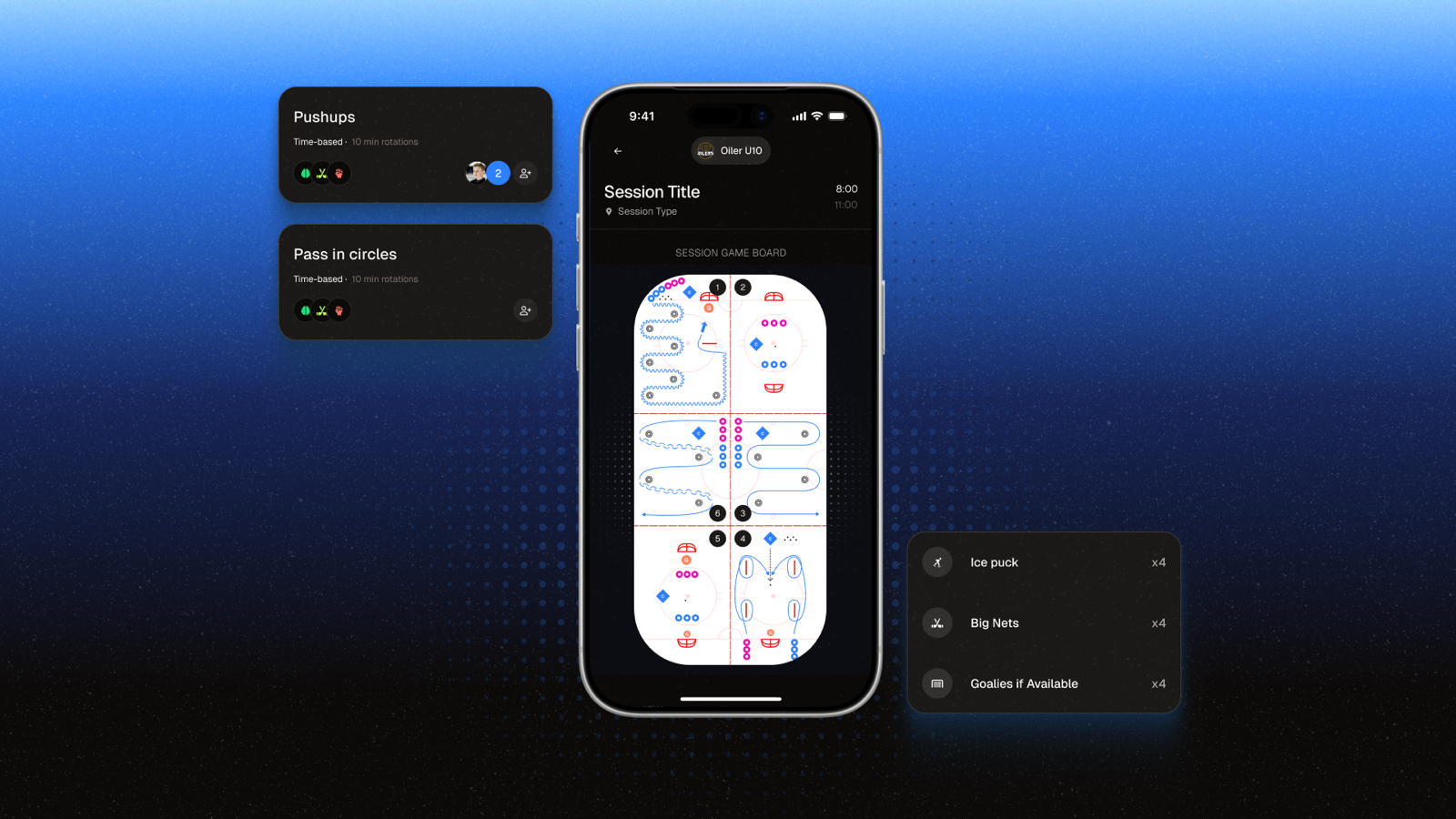 goalGetr's session game board, letting coaches build full-ice practice plans station by station with an equipment checklist