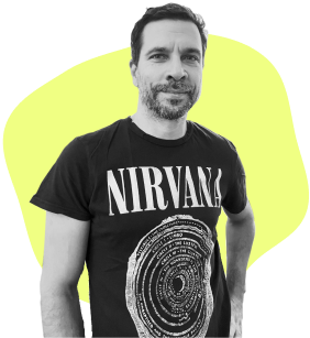 Andras in a Nirvana t-shirt in b/w